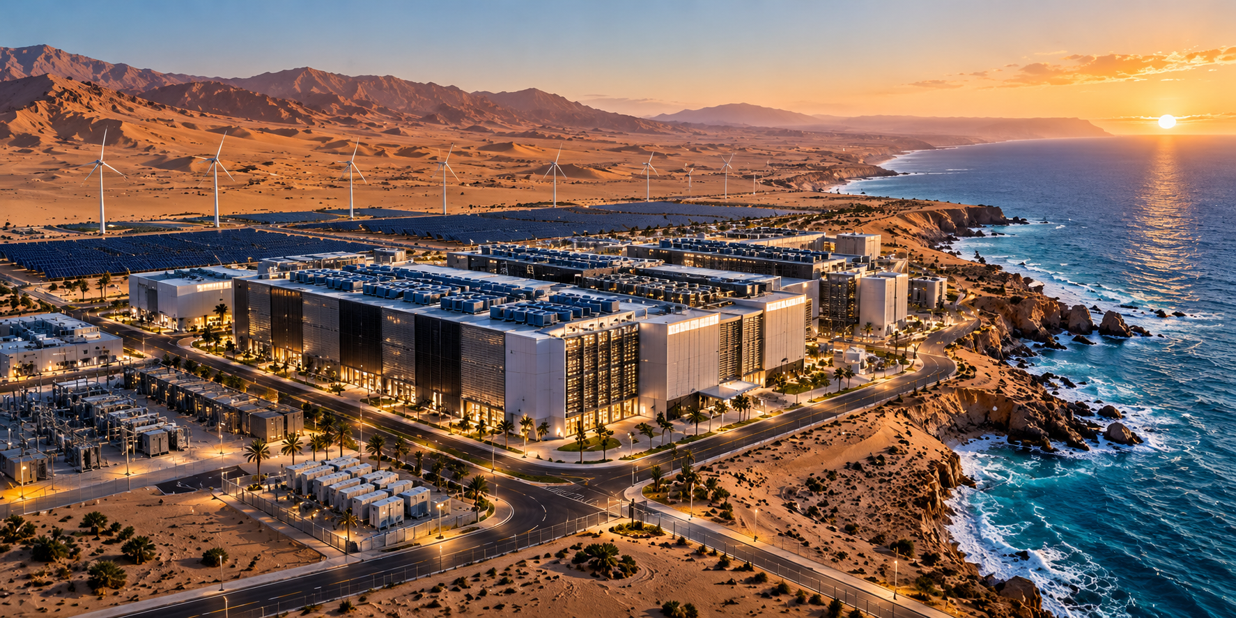AI data center campus between the ocean and a desert environment with renewable energy